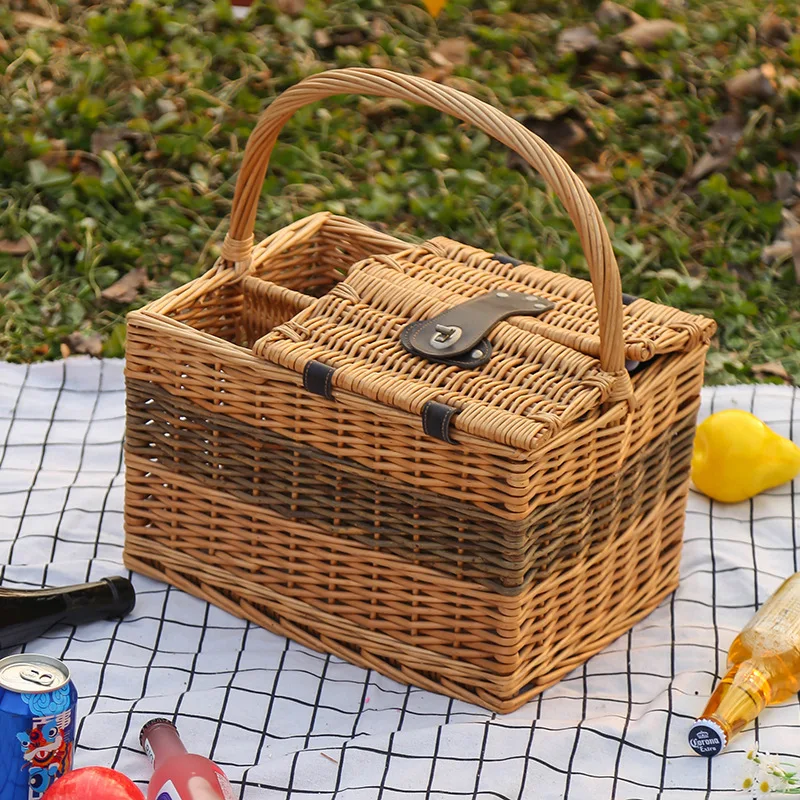 

Customized cross-border rattan picnic basket Large capacity storage ins Home outdoor with tableware Portable willow picnic baske