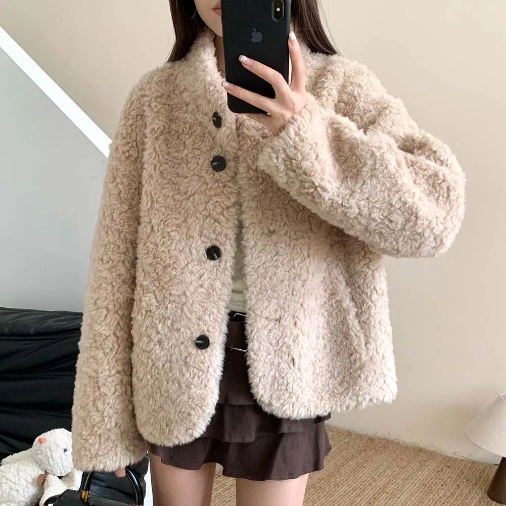معاطف فرو صوف الضأن الكورية للنساء بأكمام طويلة سترة عتيقة لخريف وشتاء كل مباراة سميكة ودافئة ملابس خارجية Preppy