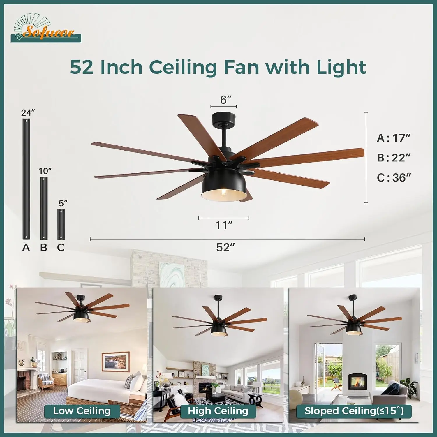 Sofucor 52 Inch Ceiling Fans With Lights, Indoor Outdoor Modern Wood Ceiling Fan With Remote, 6 Speeds, Reversible Dc Motor,