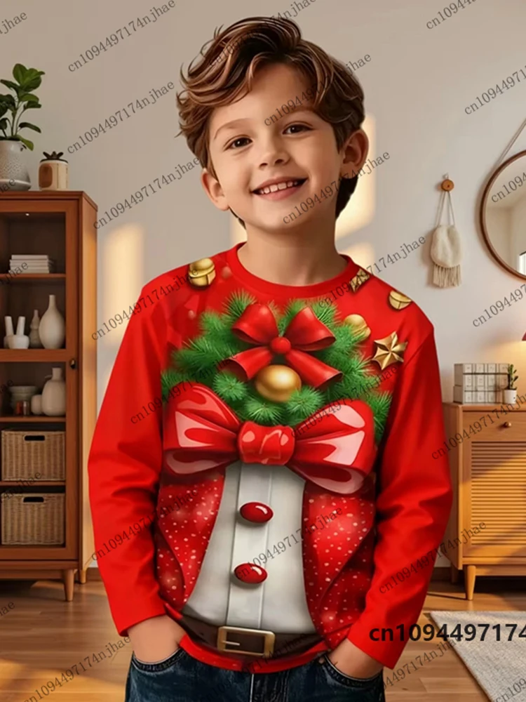 2026 Funny Christmas Suit Tie 3D Print Children's Long Sleeve T-shirt Autumn Casual Pullover Boys Clothes Sports Kids/Adult Tops