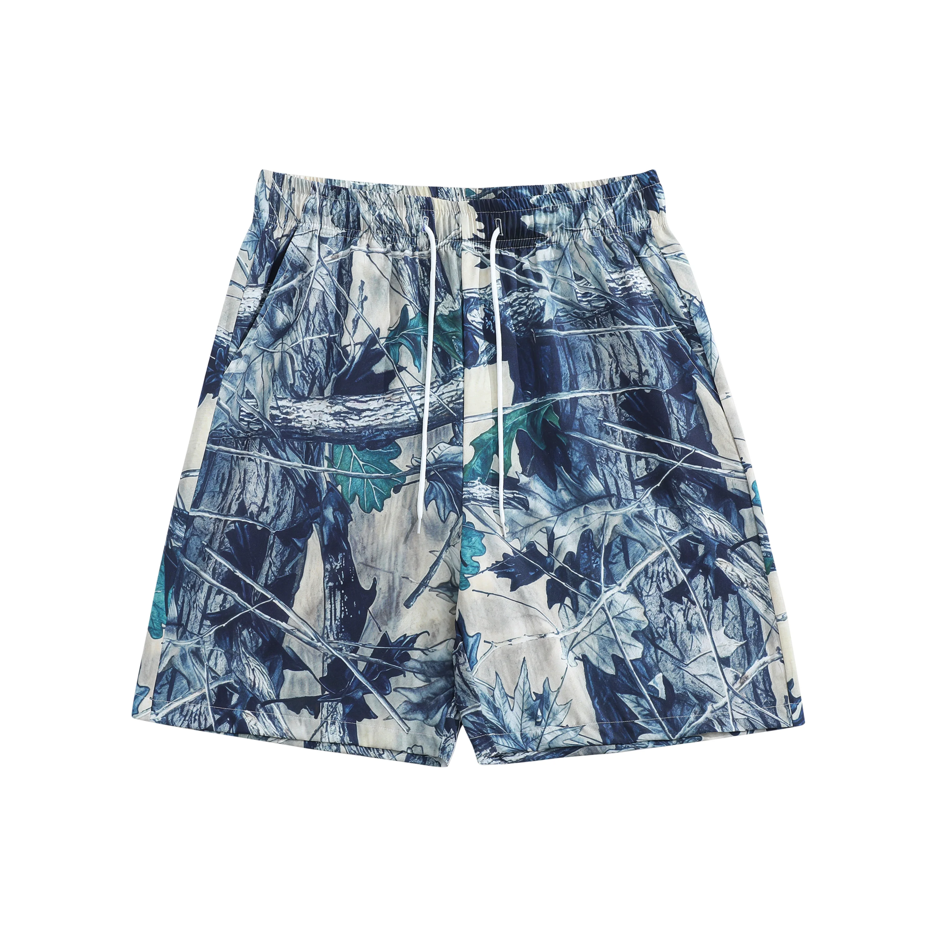 

Mens Casual Shorts Blue and White Woodland Tree Pattern Elastic Drawstring Waist Loose Fit Outdoor Nature Pants