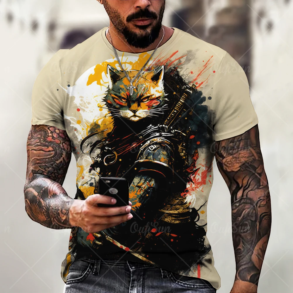 Japanese Samurai Cat Print Men\'s T-shirt Funny 3D Animal Pattern T-shirt Summer Casual O-Neck Loose Top Short Sleeve T-shirt Men