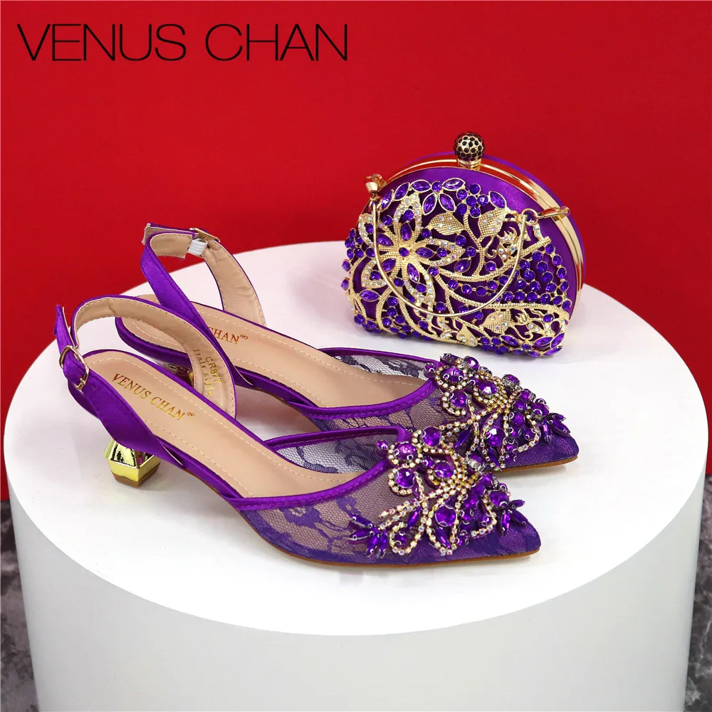 Stylish And Beautiful Purple Coral-like Hollow With The Same Color Small Rhinestone Decoration Party Ladies Shoes And Bags