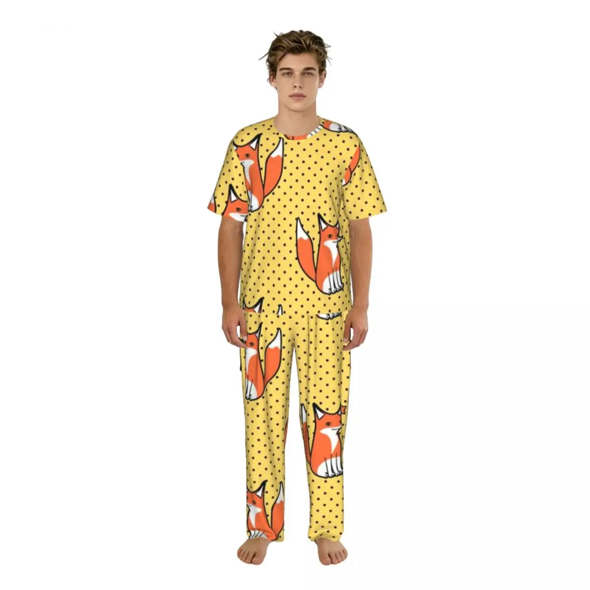 Sleepwear Summer Spring Home Clothes Cute Fox On Dotted Background Short Sleeve Long Pant Nightwear