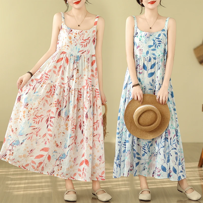 

Хлопково-льняное платье с цветочным принтом, тонкое летнее платье до колена с запахом, женское платье макси Dr, повседневное Ele