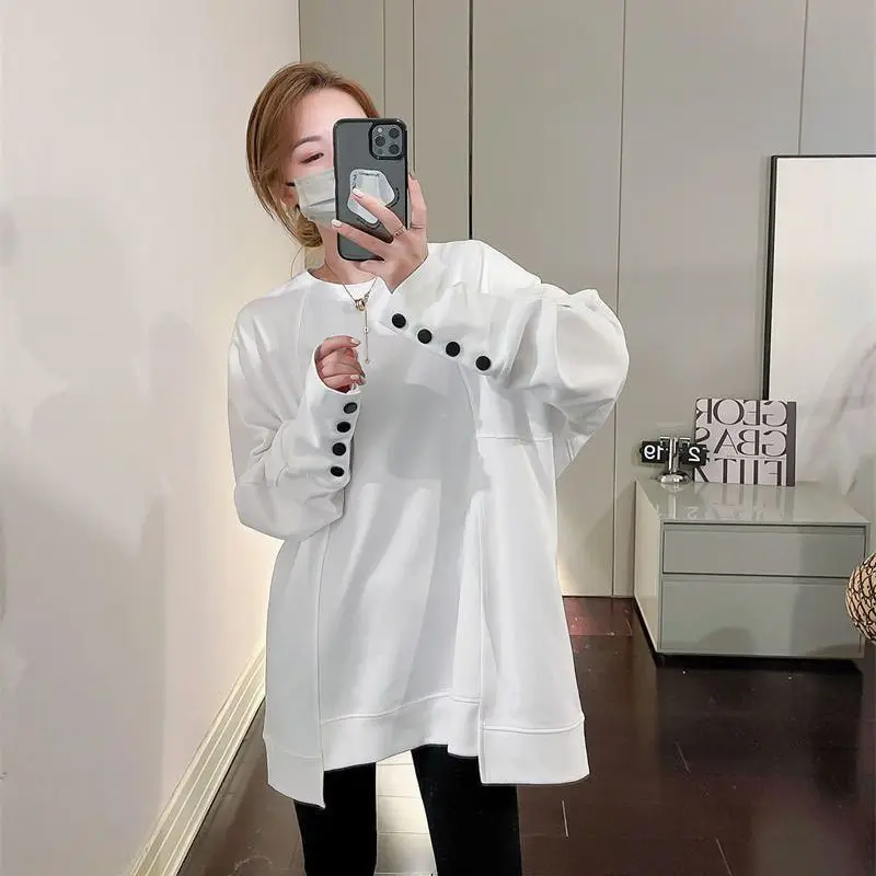 Sweatshirts Women Long Loose Fit Korean Style Button Patchwork Solid Fashion Streetwear Elegant Female Chic All-match M-4XL