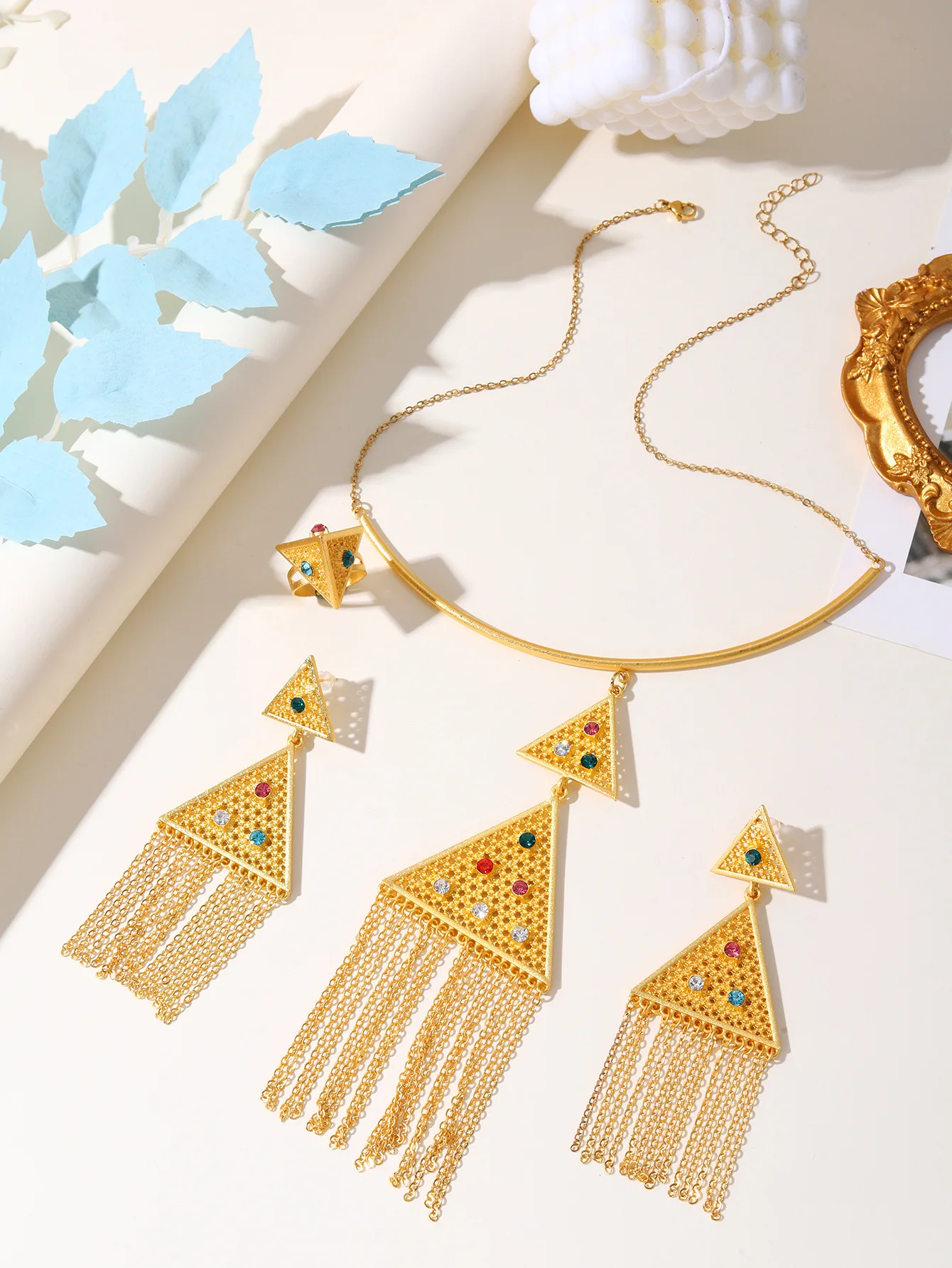 New 3-piece Set Luxury stainless steel tassel pendant Necklace Earrings Ring Banquet Wedding Jewelry Set for Women Birthday Gift
