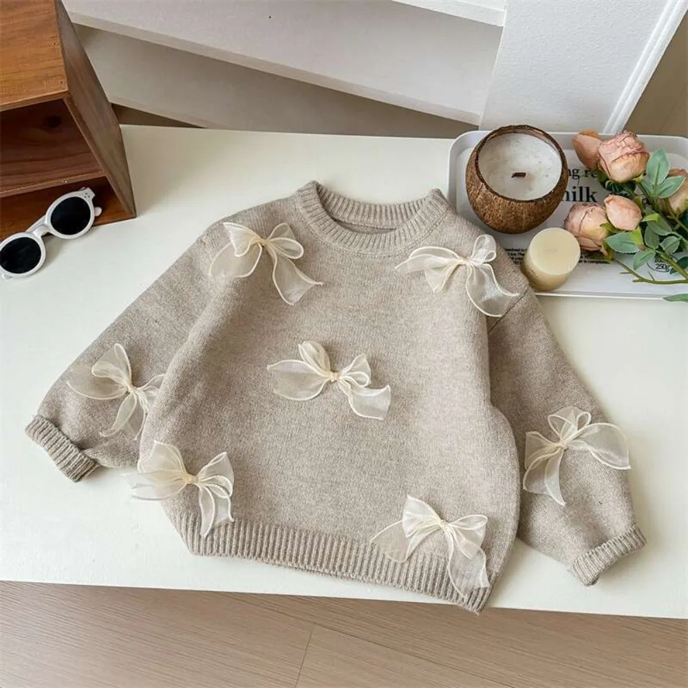 

Girls' Sweater 2025 Autumn New Korean Version Fashion Children's Bow Solid Color Long Sleeve Knitwear for 3-7 Years Old