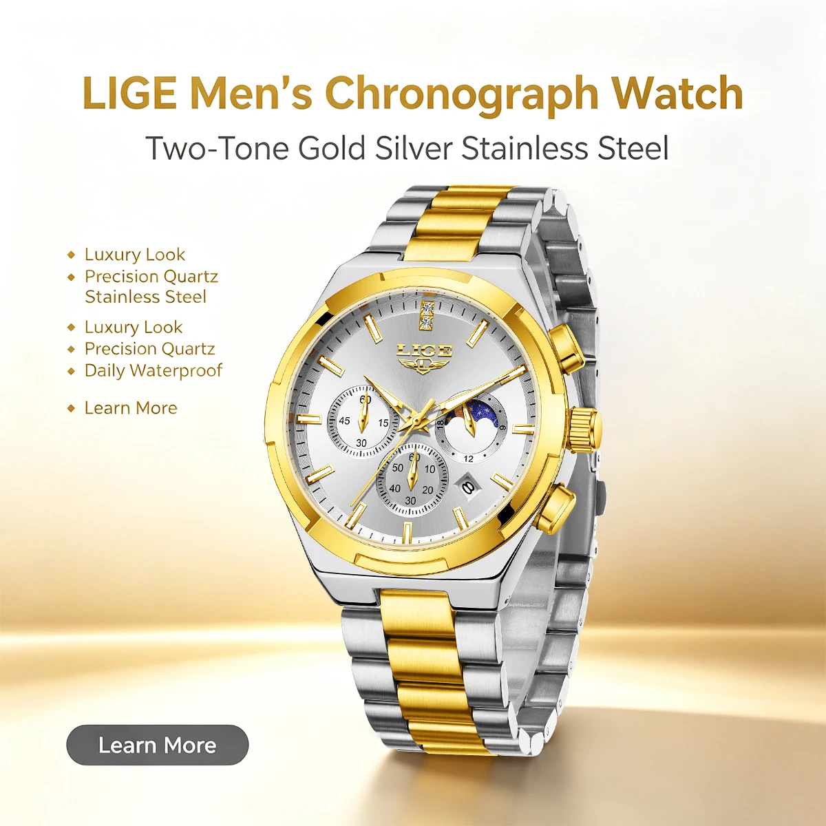 LIGE 2026 Man Watches Luxury Waterproof Luminous Chronograph Men Wristwatch Stainless Steel Moon Phase Men's Quartz Watches+Box