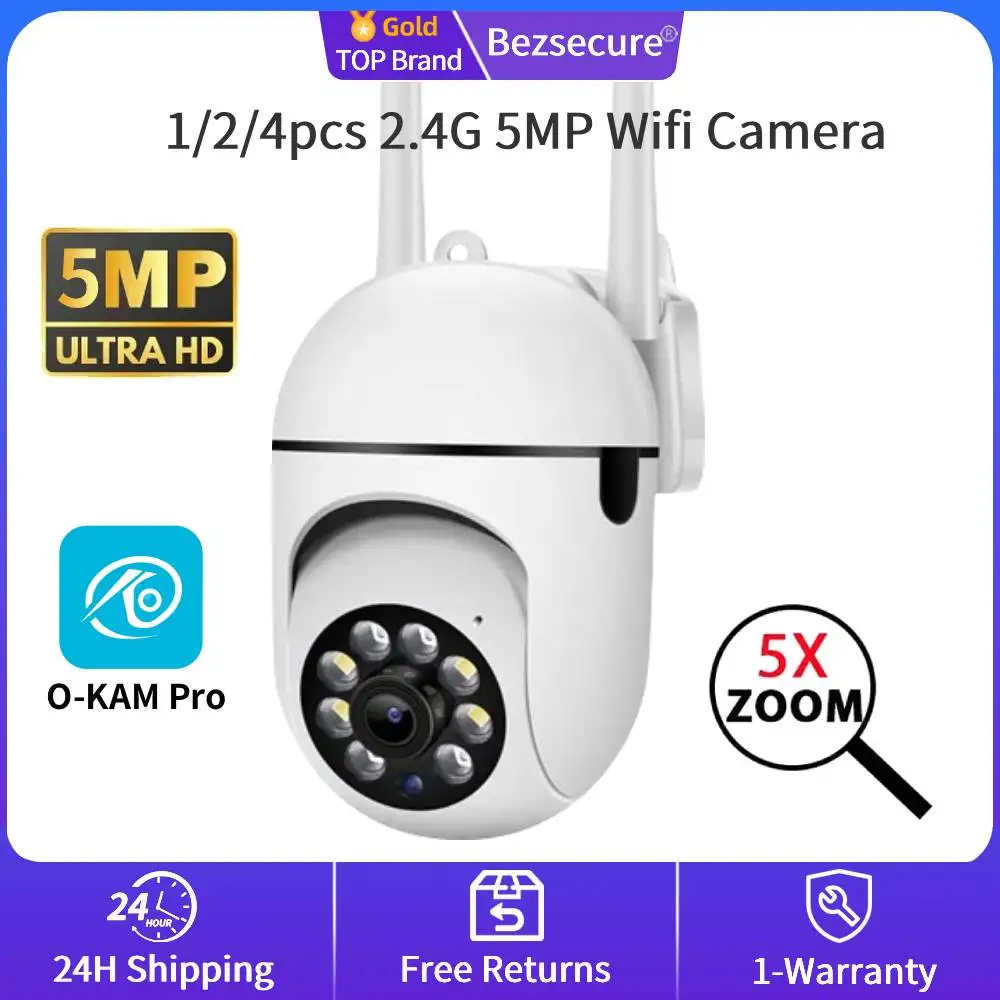 

1/2/4 шт. 2.4G 5 МП Wi-Fi IP-камеры для беспроводного видеонаблюдения PTZ с 5-кратным зумом, отслеживанием, двусторонней аудиосвязью, HD ночным видением и цветным изображением O-Kam Pro