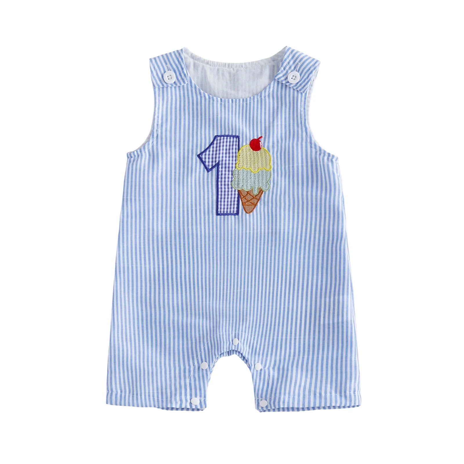 طفل صبي 1st عيد ميلاد الزي الأزرق مخطط الآيس كريم رومبير مطرزة بلا أكمام بذلة ملابس الصيف غير رسمية للبنين #3