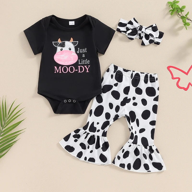 Tenues d'été pour bébés filles, barboteuses à manches courtes imprimées vache, pantalon évasé, bande de sauna, ensemble de vêtements 3 pièces, 2024-04-05