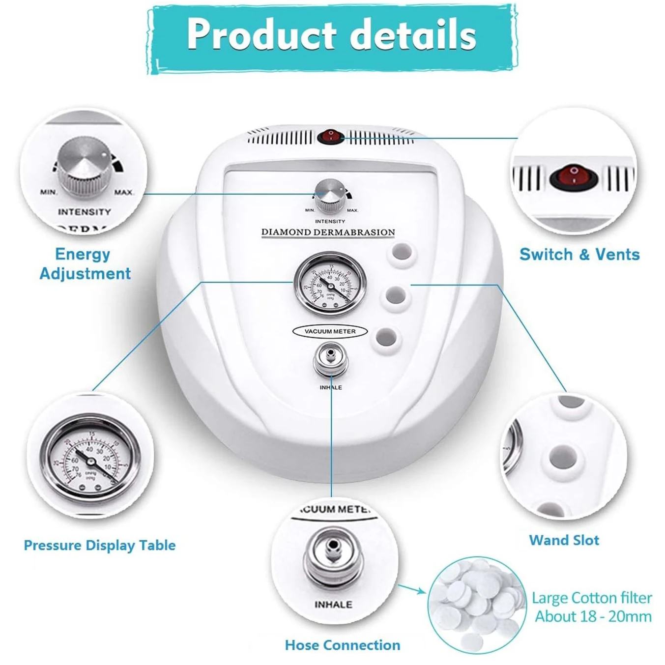 آلة تقشير الجلد الماسية، 65-68 سم زئبق قوة شفط احترافية، معدات العناية ببشرة الوجه للاستخدام المنزلي #2