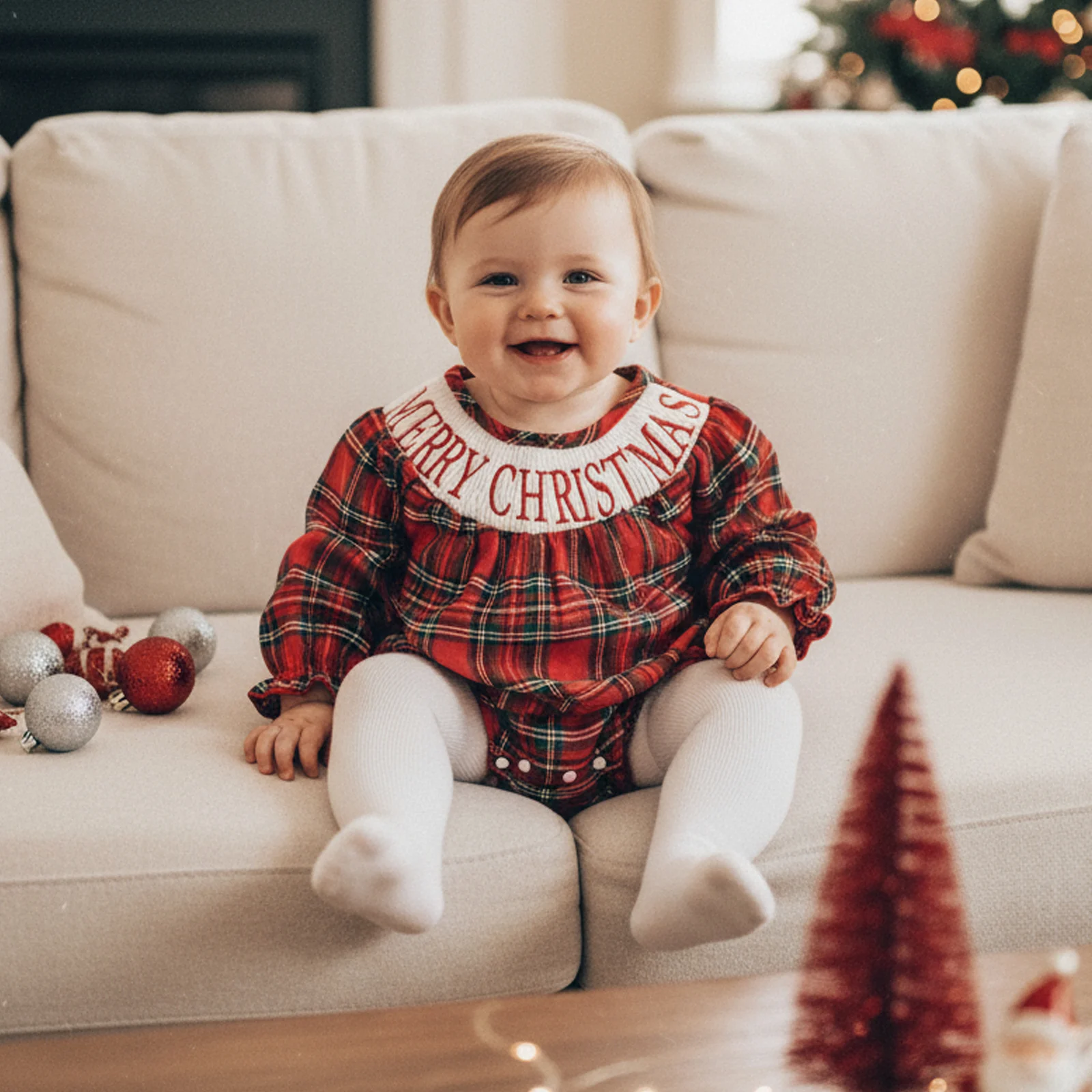 Baby Girl Christmas Romper Plaid Print Letter Embroidery Long Sleeve Crew Neck Bodysuit Clothes