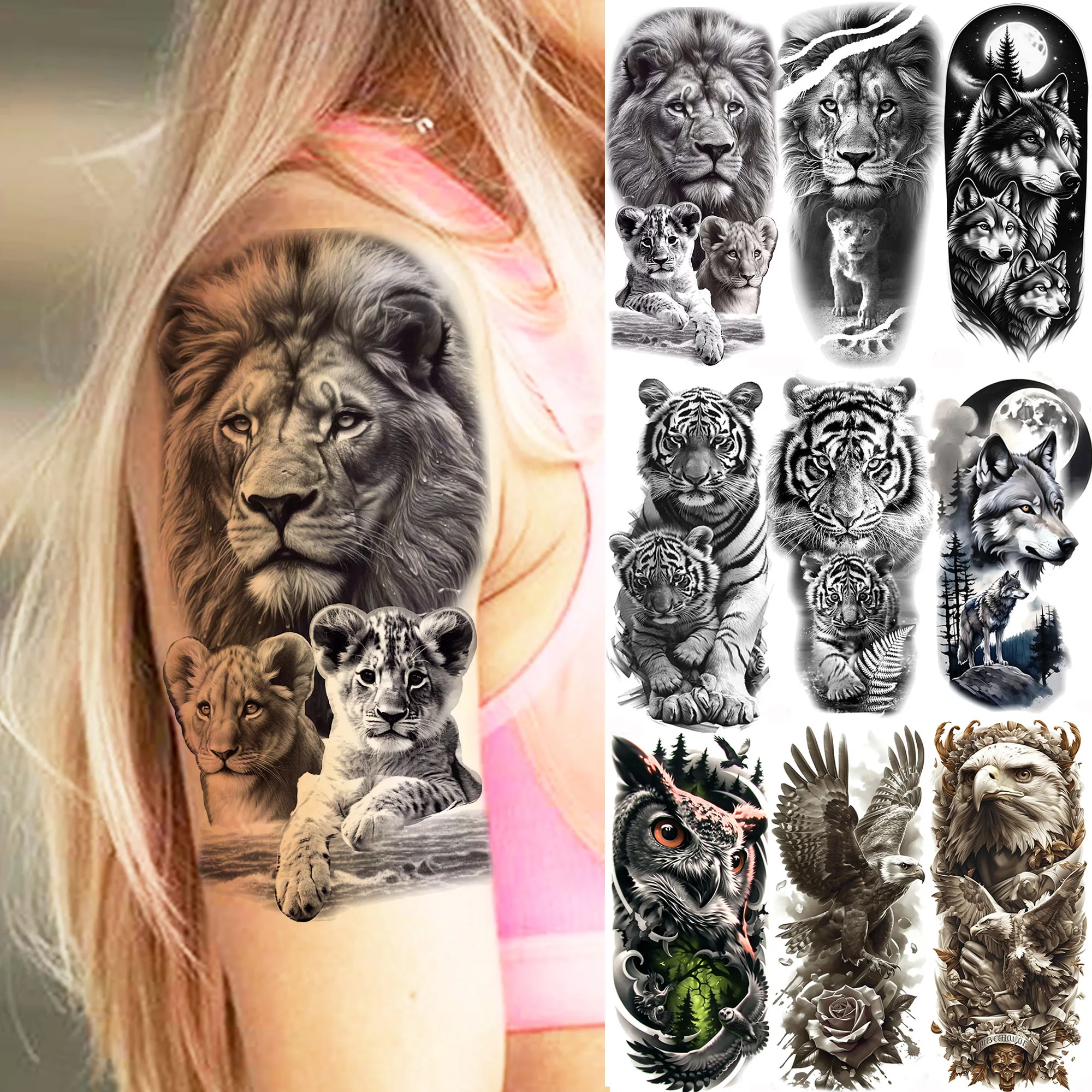 

1 Sheet Lion Tiger Family Temporary Tattoos For Men Women Owl Eagle Tatoos Waterproof Realistic Fake Tattoo Sticker Long Lasting