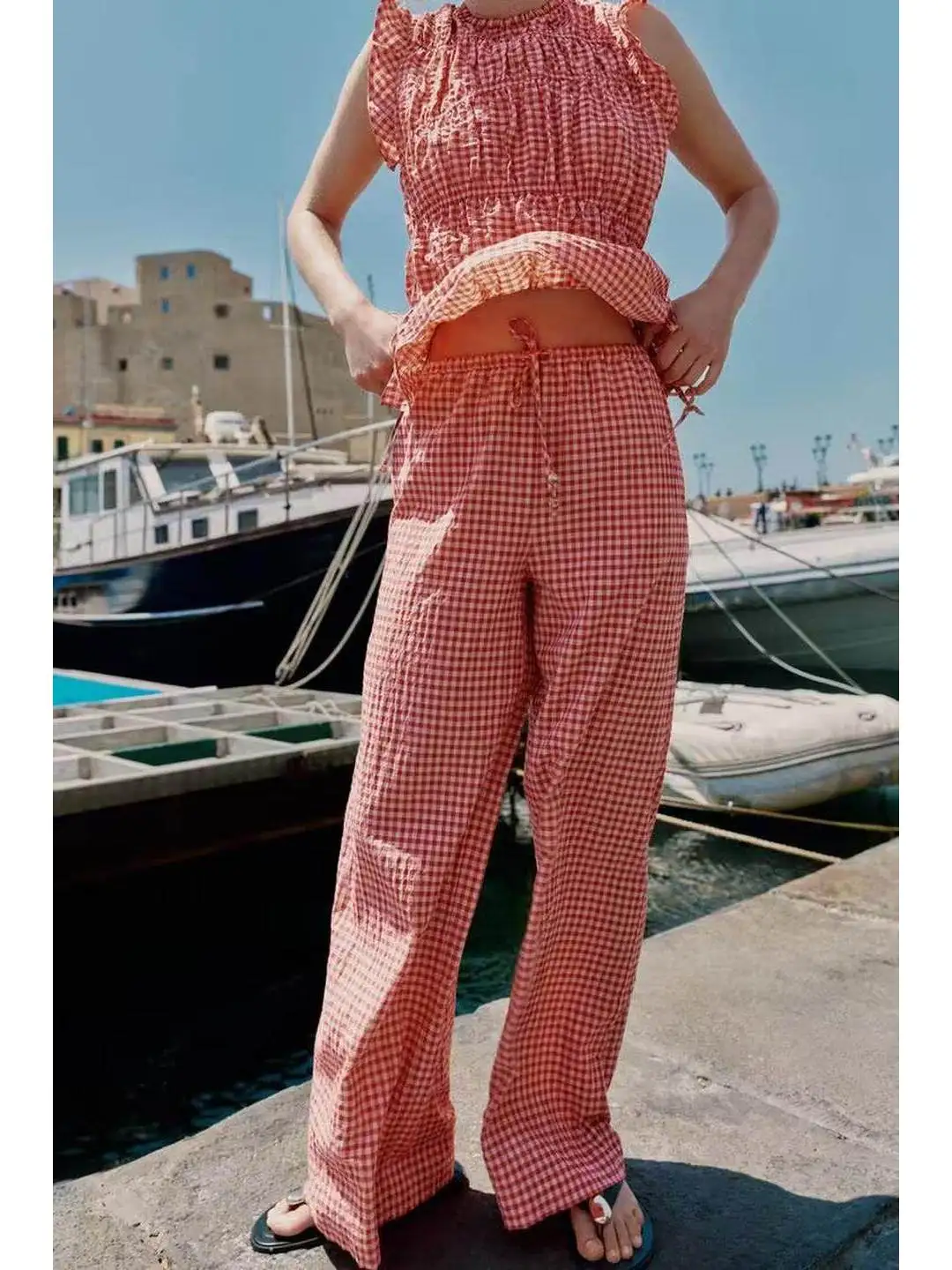 Conjunto de pantalones anchos y top a cuadros para vacaciones de verano, con estampado Vichy, manga con volantes, cuello redo...