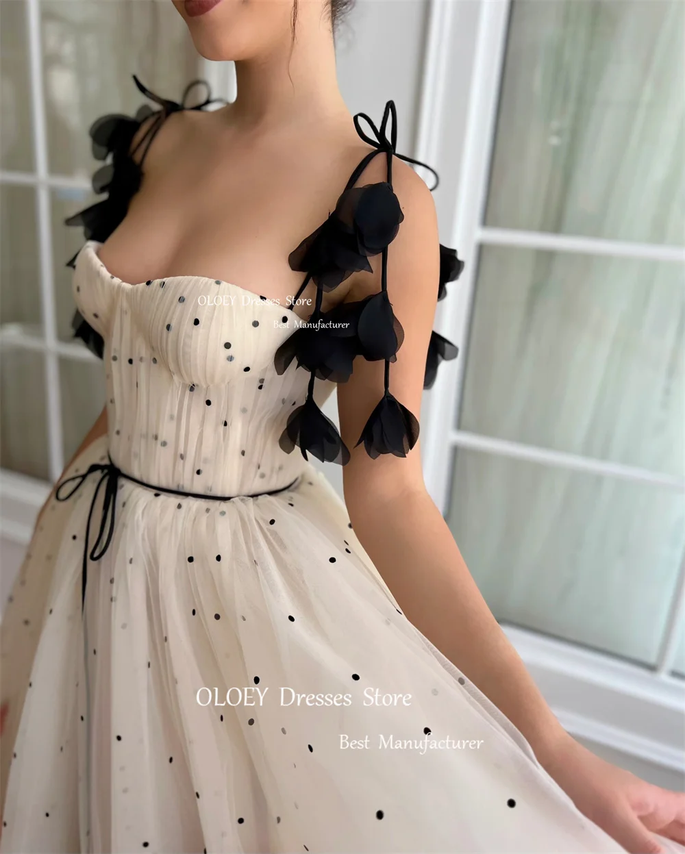 OLOEY-Elegant Black Dots Lace Prom Dresses com Fita, Spaghetti Straps, Sleeveless Party Dress, Comprimento do tornozelo, Vestido de noite, Custom Made