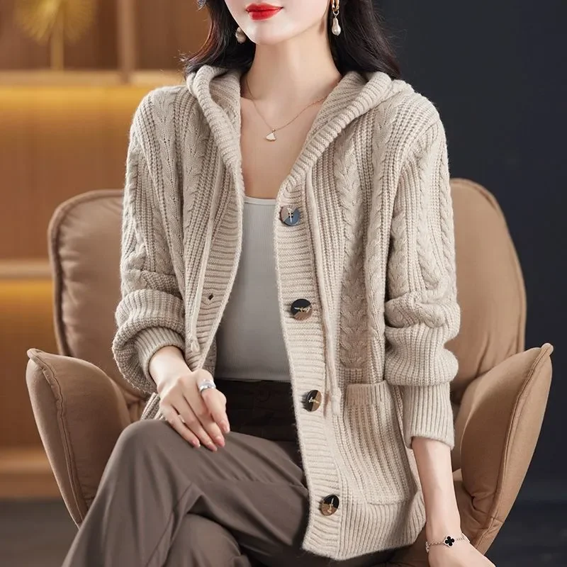 

Autumn Style Long-sleeved Knitted Cardigan Women's Loose Hooded Short Top Thickened Sweater Casual Jacket