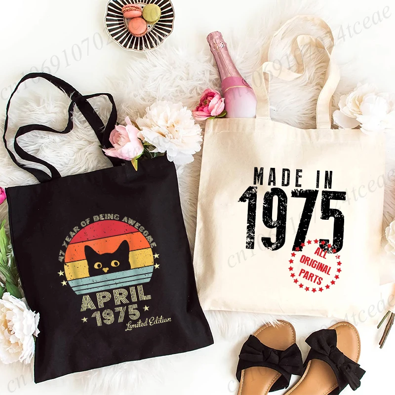 Funny Made in 1975 All Original Parts Print Bags for Women Canvas Shopping Bag Birthday Shoulder Bag Folding Eco-Friendly Totes