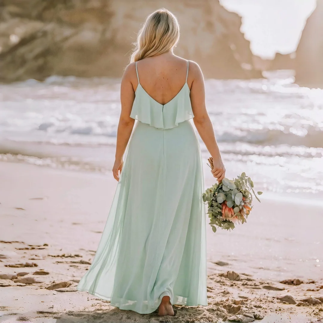 Mint Green Plus Size Chiffon Bridesmaid Dresses V Neck Ruffle Spaghetti Straps High Slit A Line Floor Length Formal Beach Gown