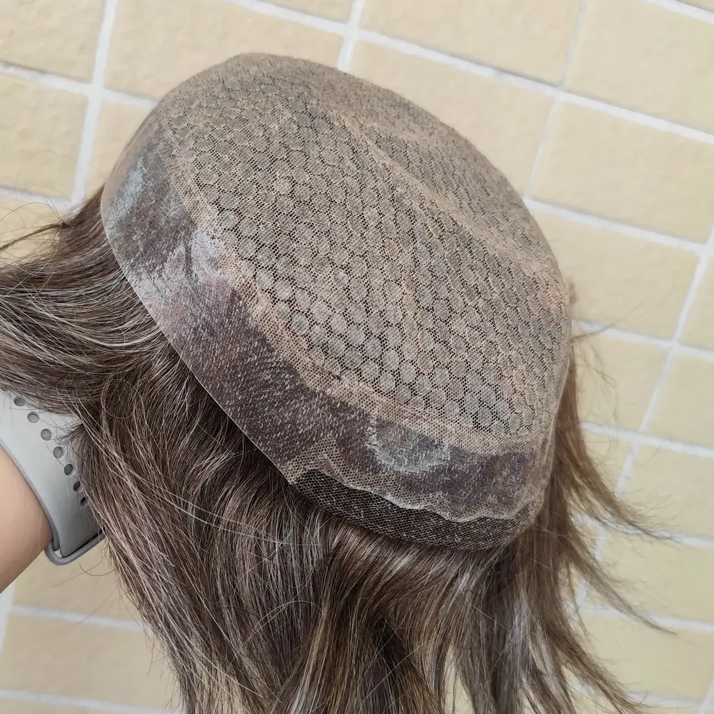 Men Toupee 7x10" Brown With 40% Gray Hair System For Men Toupee Soft Silicon Lace Front Wig
