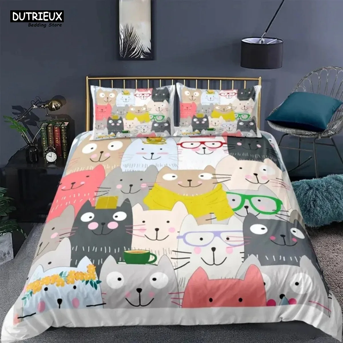 

Lovely Cartoon Cat Bedding Set Soft Polyester Queen King Full Size Duvet Cover Set With Pillowcases Kids Girls Bed Linen