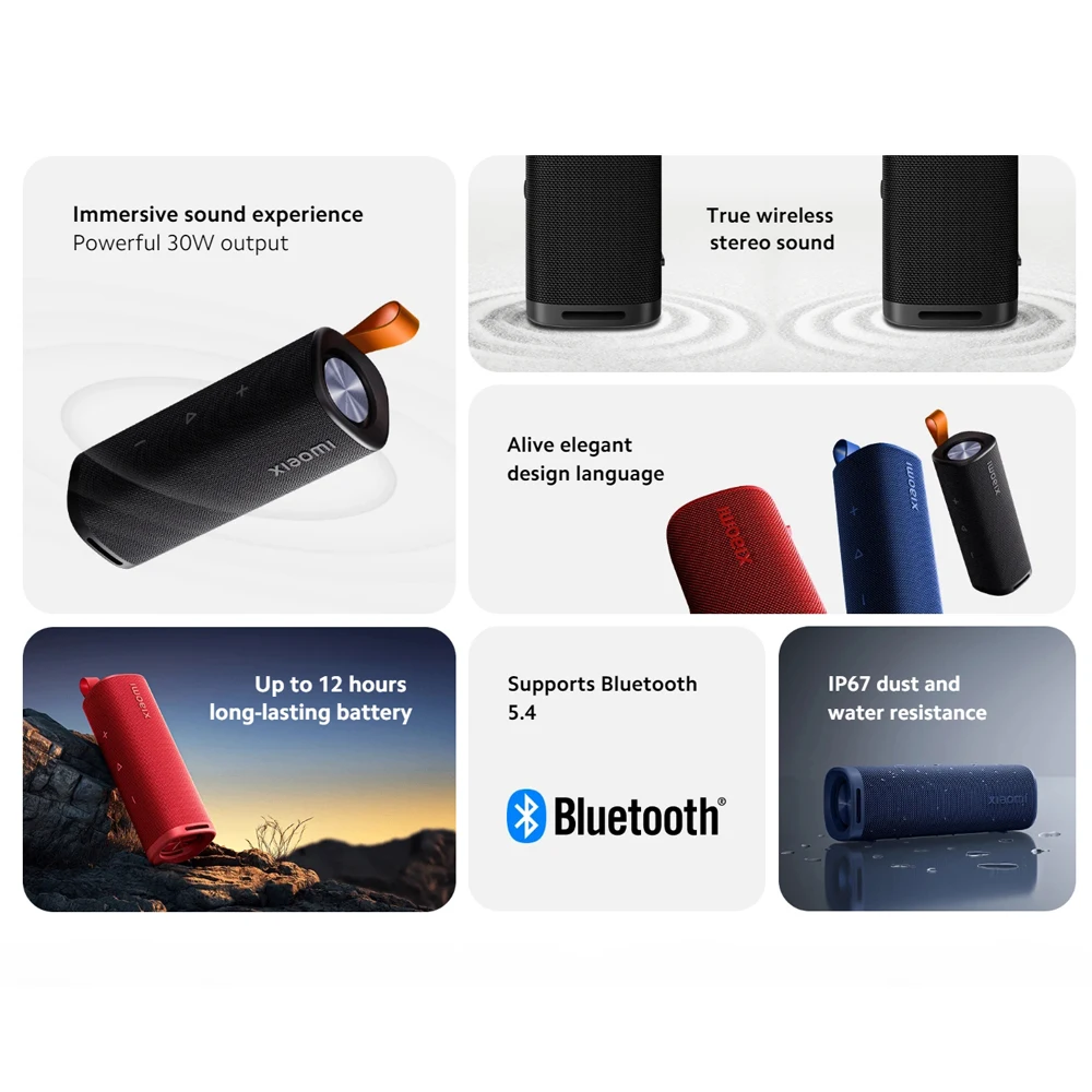 النسخة العالمية Xiaomi Sound Outdoor 30W مكبر صوت محمول يعمل بالبلوتوث IP67 TWS ستيريو كومبو 12 ساعة وقت الانتظار مشغل موسيقى