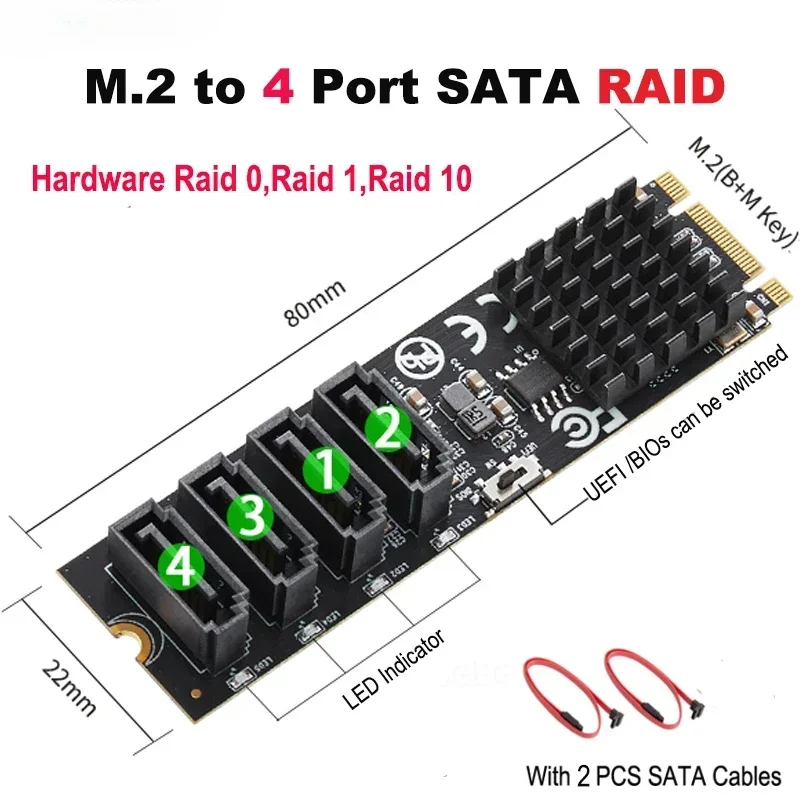 M.2 to 4 Ports RAID 0/1/10 SATA III 6G SSD HDD Adapter M Key B Key 2280 mm Size PCIe2.0 Marvell 9236 Chip for UEFI Bios