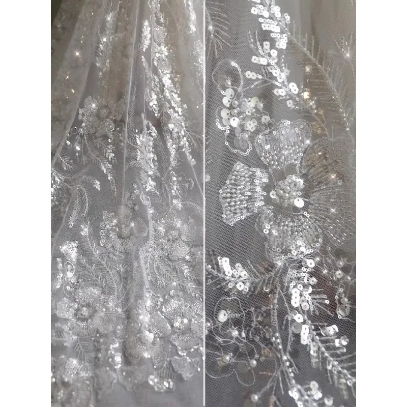 

135CM Wide,New Embroidered Shiny Lace Nail Bead Decal Fabric Handmade Wedding Dress Fabric DIY Background Decoration Accessories