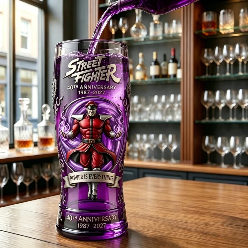 40th Street Fighter Anniversary M. Bison Themed Glass Cup for Gamers