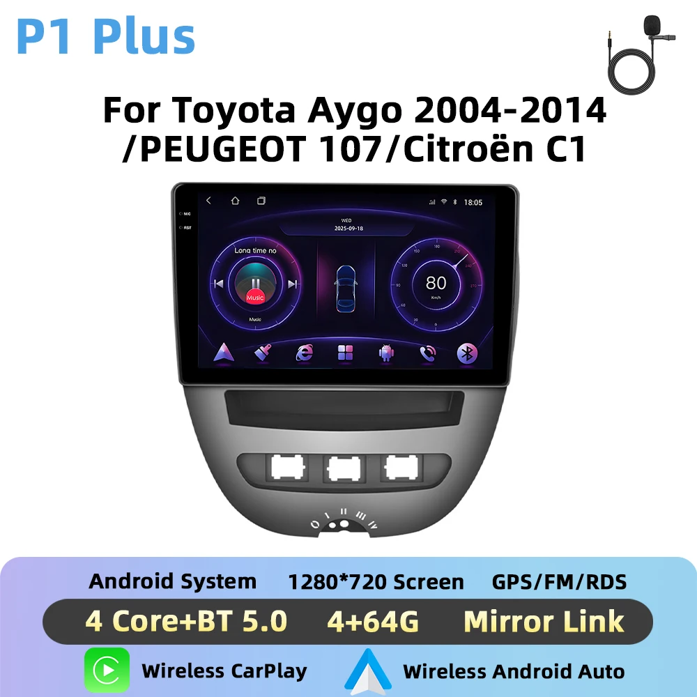 Podofo 10 ''Draadloze CarPlay AI Voice Autoradio Voor Toyota Aygo 2004-2014/PEUGEOT 107/Citroën C1 Android GPS DSP Autoradio FM BT