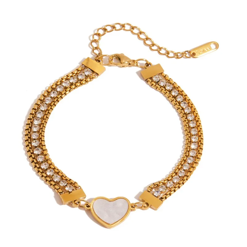 

Minar Unusual White Shell Love Heart CZ Cubic Zircon Three Layered Charm Bracelets for Women 18K Gold PVD Plated Stainless Steel