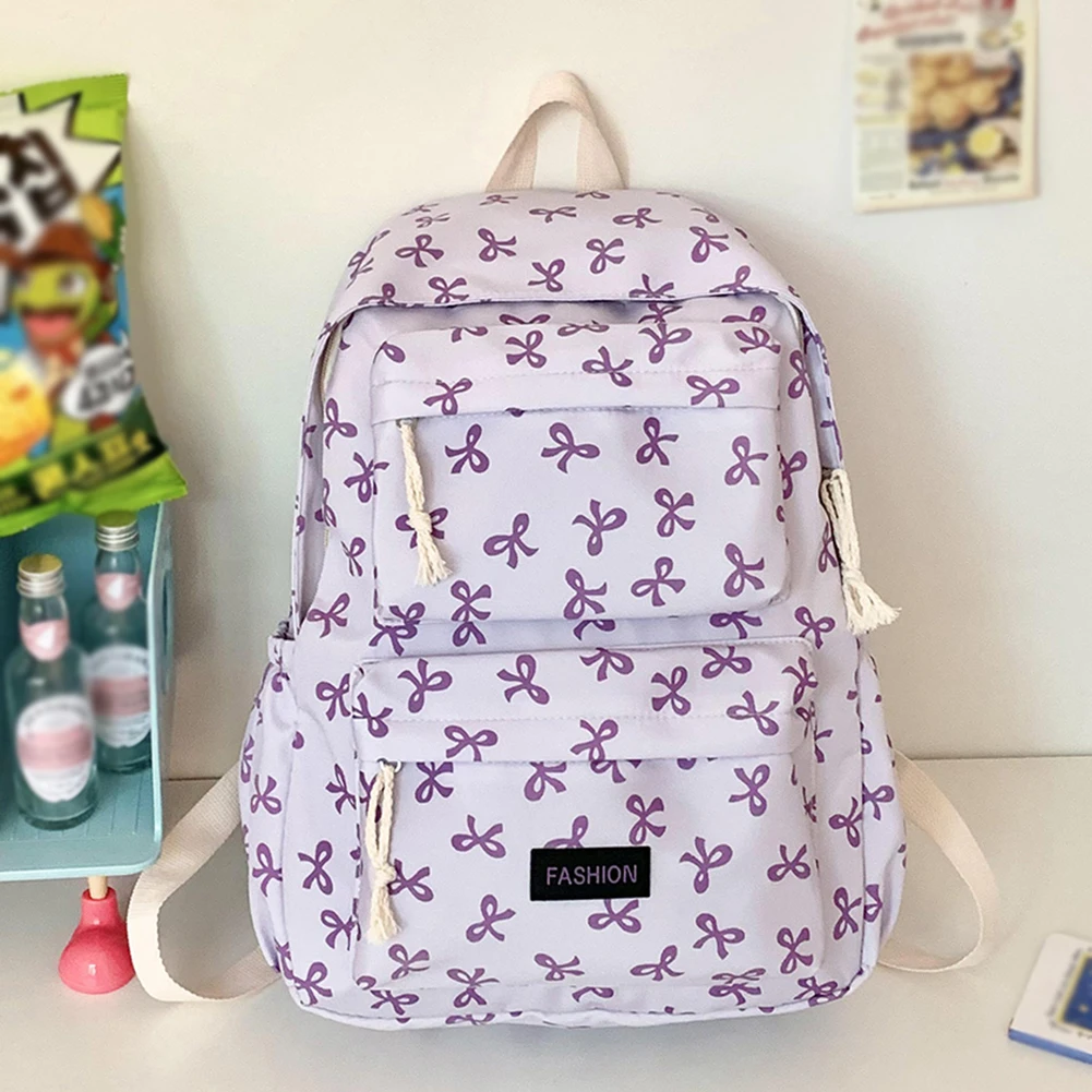حقيبة ظهر مدرسية مطبوعة على شكل فيونكة حقيبة ظهر جامعية Preppy حقيبة مدرسية متوسطة للفتيات المراهقات
