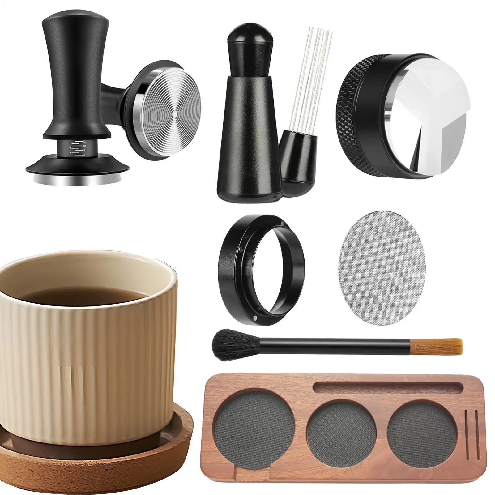 

7Pcs Espresso Accessories Kit, Coffee Distributor and Tamper Leveler, WDT Tool and Dosing Funnel Set, Fits 51mm, for Kitchen