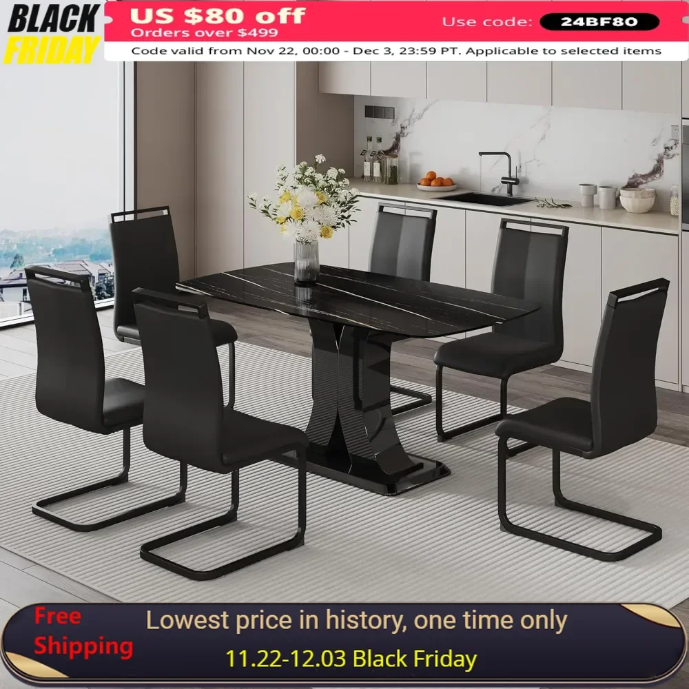 

7-Piece Dining Table, Marble Table Chair Set for 6,with 6 Pu Leather Upholstered Chair for Dining Room,Table & Chairs Set