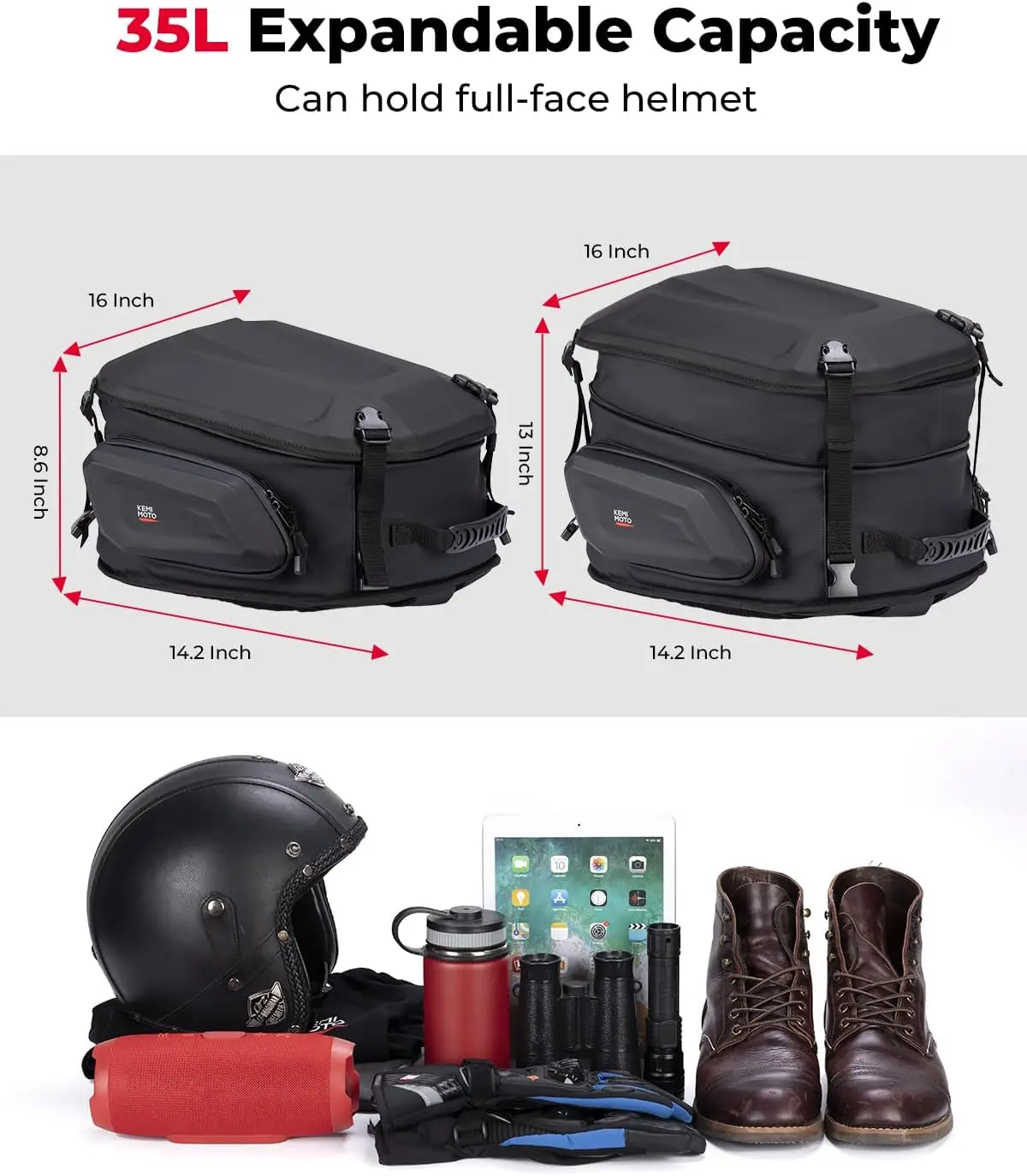 Motorcycle Hard Shell Tail Bag, EVA Waterproof 23-35L Expandable Helmet Backpack, Rear Seat