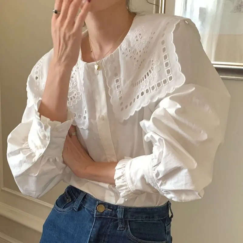 Summer Elegant Fashion Irregular Korean Style Retro Women\'s Shirt Solid Color Hollow Out Button O Neck Long Sleeve Y2K Chic Tops