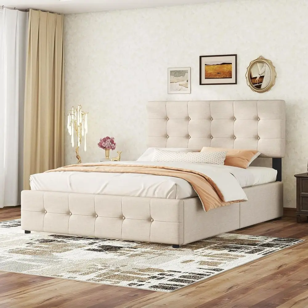 

Кровать-платформа с обивкой из льна и ящиком для хранения вещей, пружина коробчатого типа не требуется