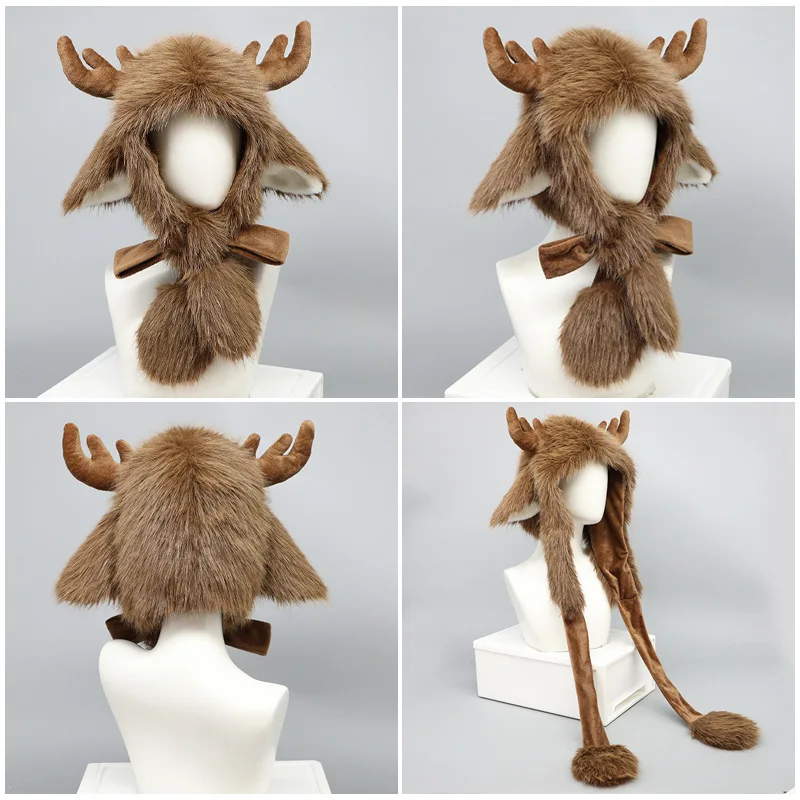Unisex Faux Fur Ox Horns Hat Animal Ear Plush Hat Animal Party Cosplay Hooded Earflap Hat Windproof Ear Protection Cartoon Cap