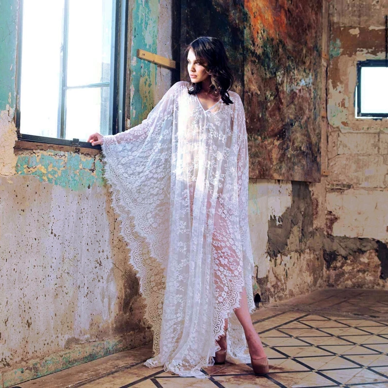 White Lace Sheer Kaftan For Women Elegant Feminine Caftan Fairy Maxi Dress Soft Translucent Swimsuit Cover-Up Seaside Robe Boho