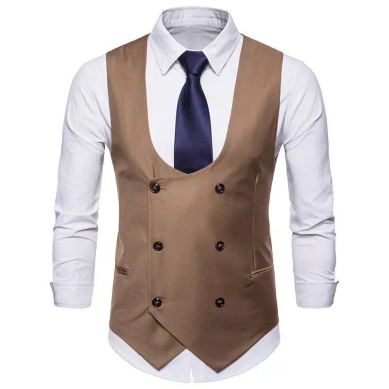 

Men Vest Brown Solid Double ButtonTweed Slim Casual Waistcoat Sleeveless Jacket For Wedding Party Banquet Set