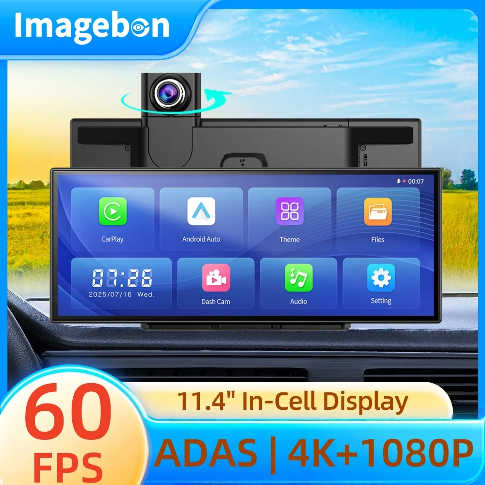 Imagebon 11,4′′ 4K ADAS Dashcam Wireless CarPlay & Android Auto Dual Lens DVR WiFi GPS Navigation Nachtsicht-Videorecorder