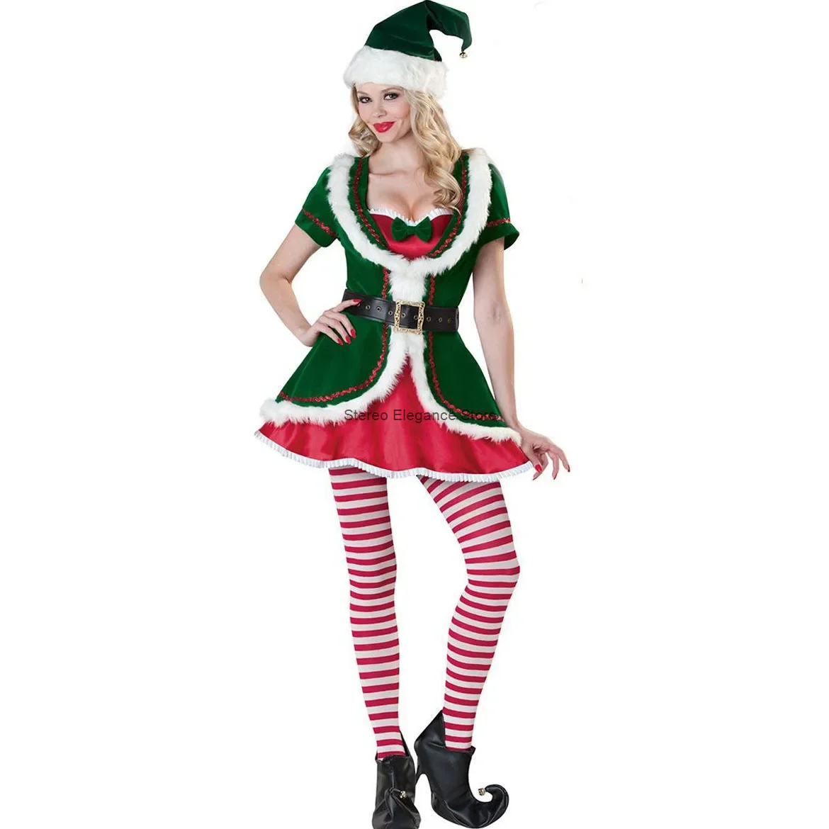 Mannen Vrouwen Fluwelen Kerst Kerstman Cosplay Kostuum Paar Kerstman Uniform Groene Elf Kerst Pak Winter Sexy Fancy Party Dress