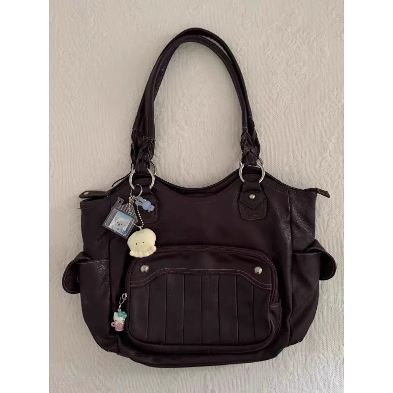 2025 Retro PU Leather Tote Bag Large Capacity Shoulder Commuter Handbag With Outer Pockets For Women Girls Daily School Style