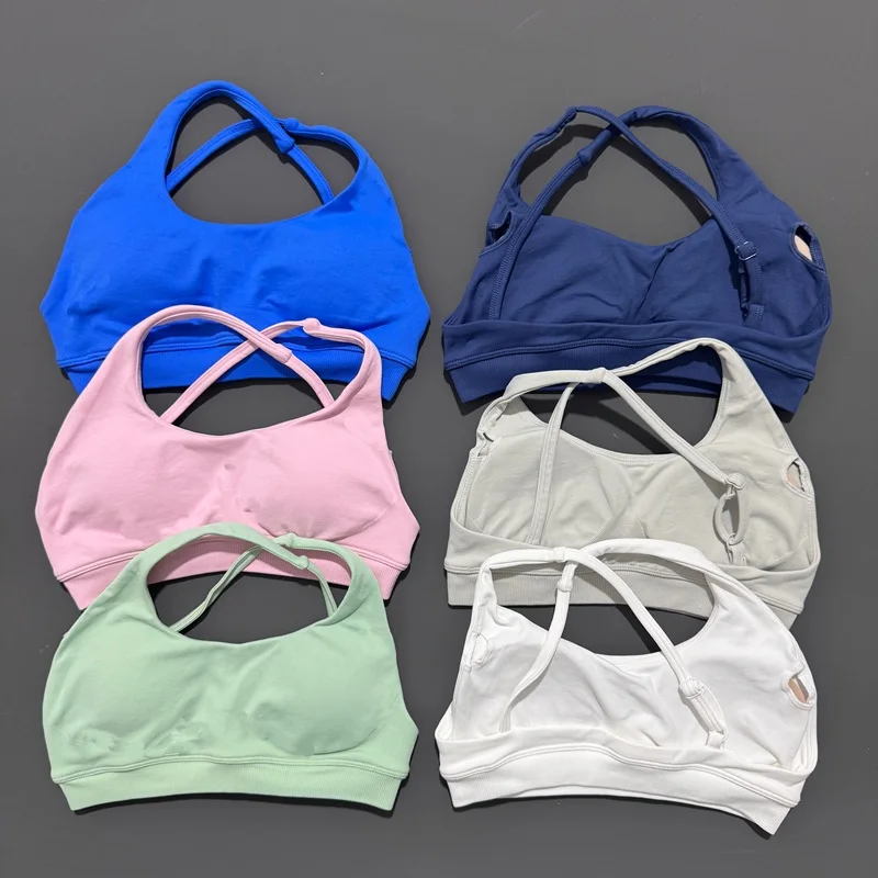 HISTELLO Asymmetric Sport Bra Women Seamless Yoga Strappy Halter Push-up Open Back Gym Crop Top Fitness Running Underwear image 2