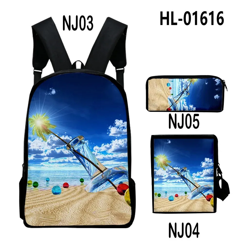 Backpack with 3d printing for laptop,3pcs/set,harajuku,summer,seaside scenery,laptop,backpack,shoulder bag,case