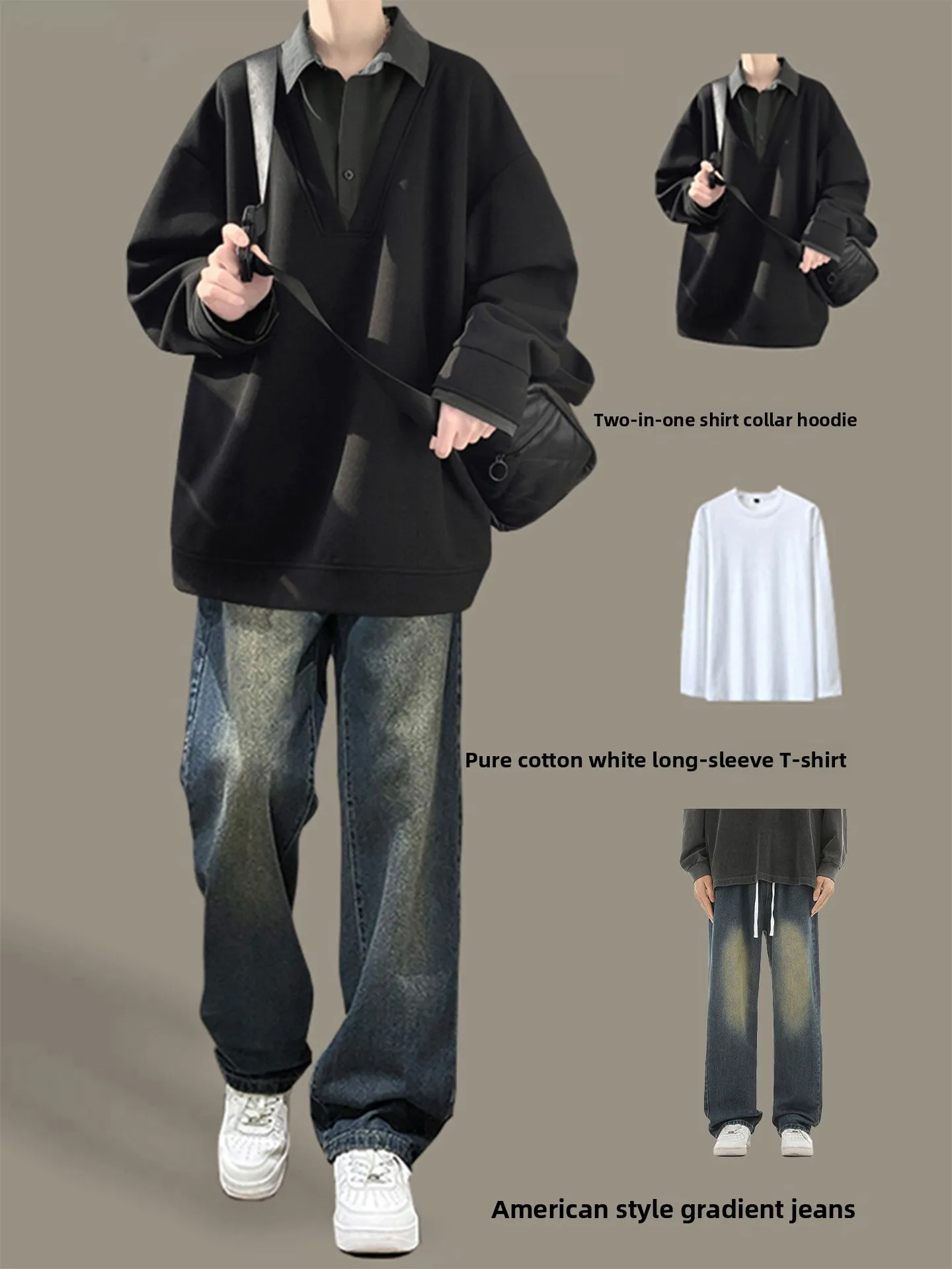 

American Sle Long Sve irt Collar Sweatirt Men's Autumn Faion Set Casual Loose Fit Breathable Cleanfit Look