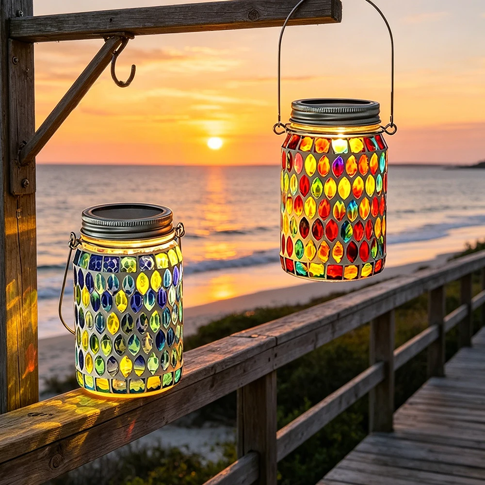 Mosaic Solar Mason Jar Lights, 1pcs Solar Lanterns Outdoor Hanging Lights Solar Mosaic Glass Lights Waterproof Solar Night Light