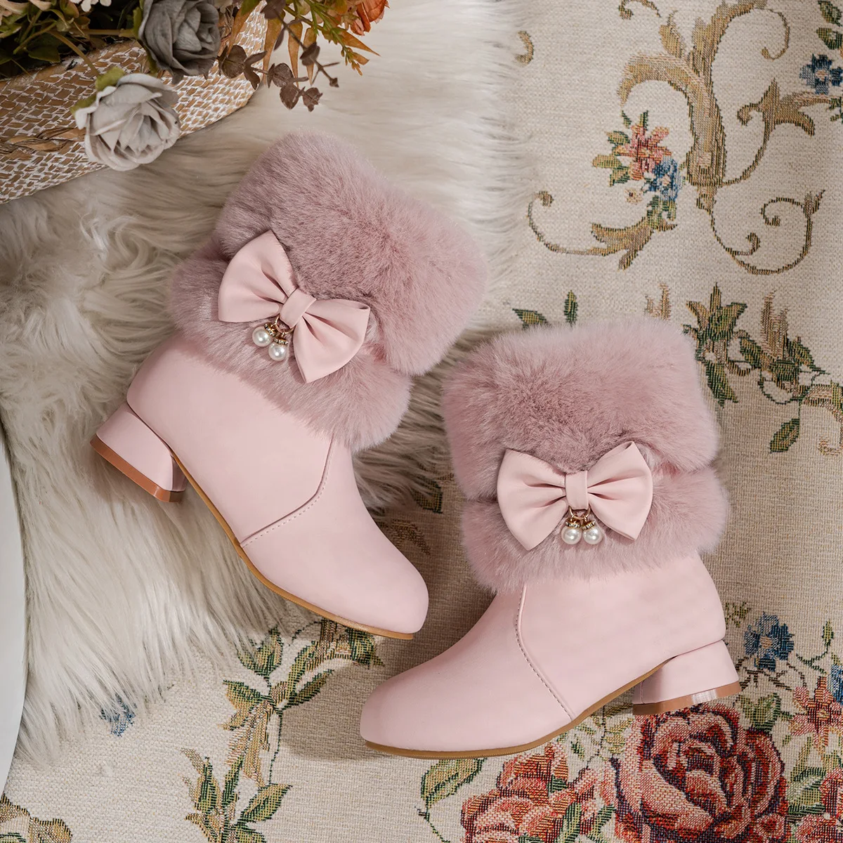 Kids'Snow Boots PU Leather Bow Winter Fashion Outdoor High-heeled Shoes For Children Warm Anti-slip Pink White Size 27-37