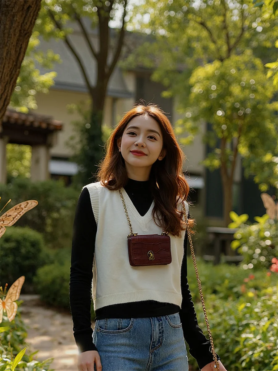 

Women'S Sweater Vests Crochet V-Neck Autumn Loose Fit British Elegant Turn-Down Collar Sleeveless Buttoned Casual Stretchy